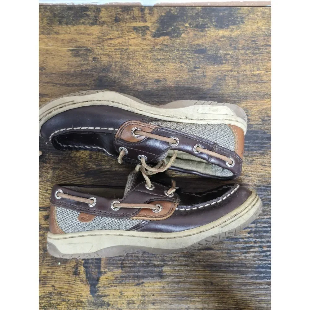 Sperry Top Sider Children's Boys Sz 12 W Boat Shoes Brown Leather /Mesh Slip On